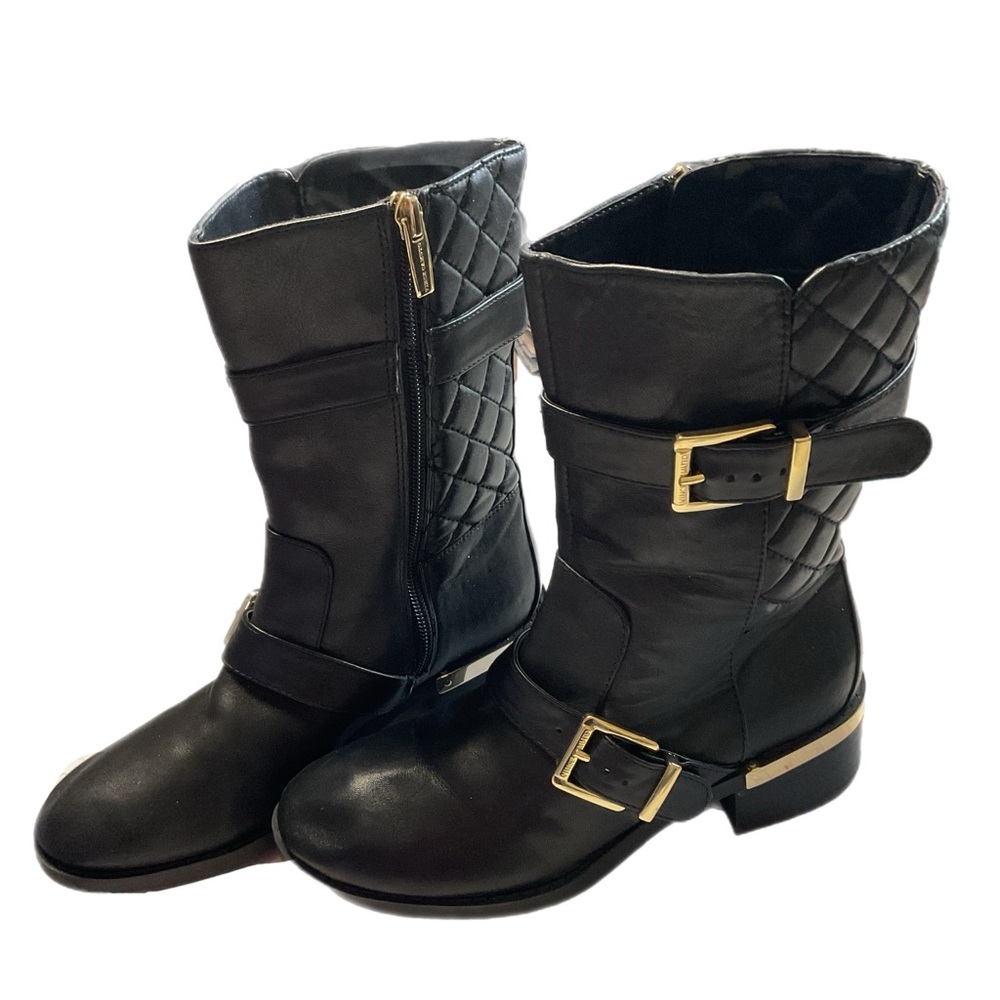 VINCE CAMUTO Wilamena Black Leather Goldtone Buckle Quilted Mid Calf Boot 5.5M - Picture 12 of 15